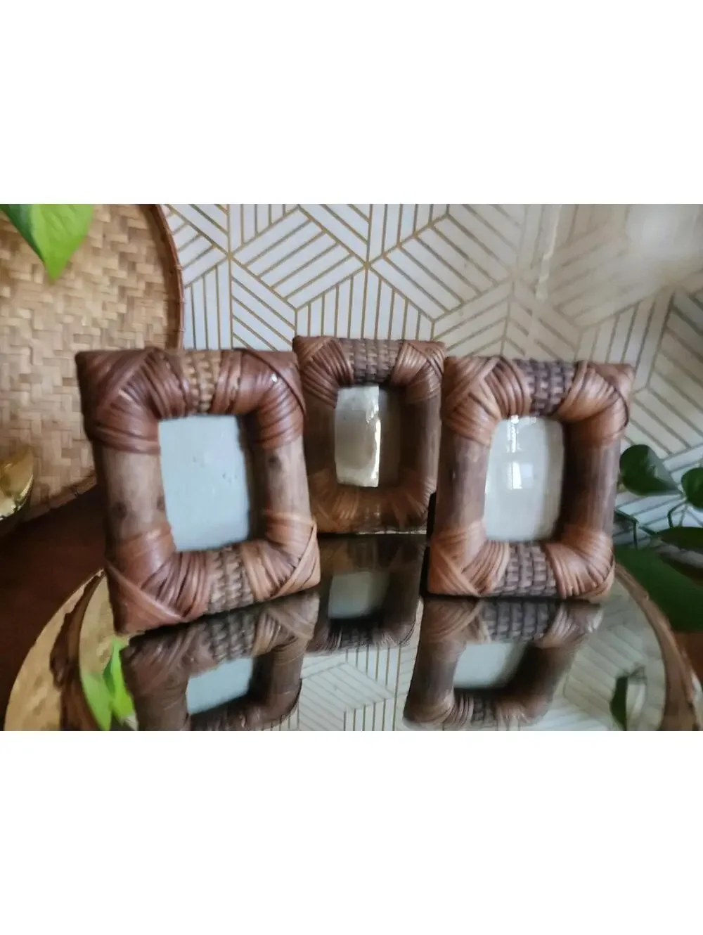 Vintage Set Of 3 Wicker And Bamboo Bohemian Photo Frames Tropical Decor 4x5